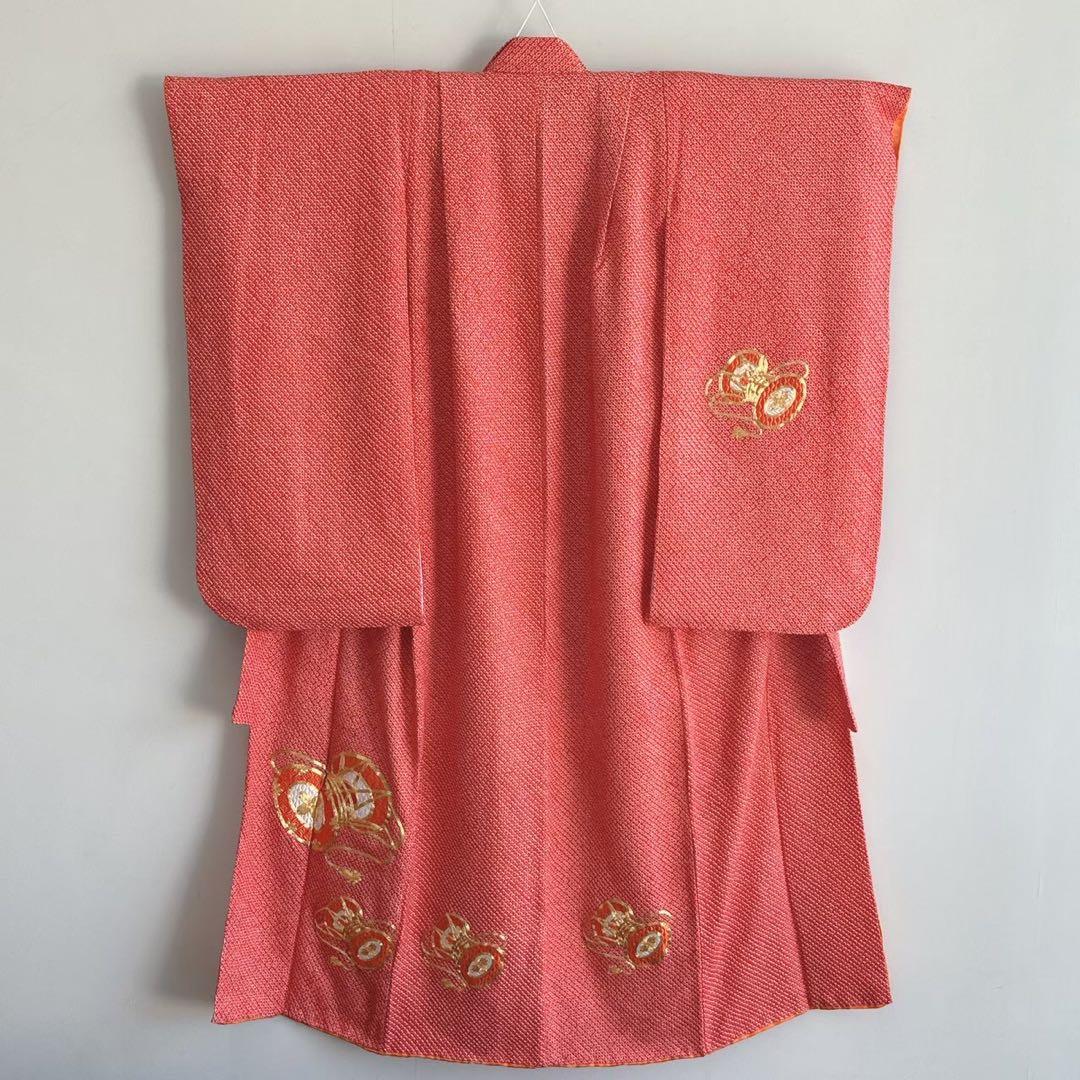 フルセット　七五三　7歳女の子　総しぼり　金糸　刺繍　鼓　黒袋帯　蝶　7066