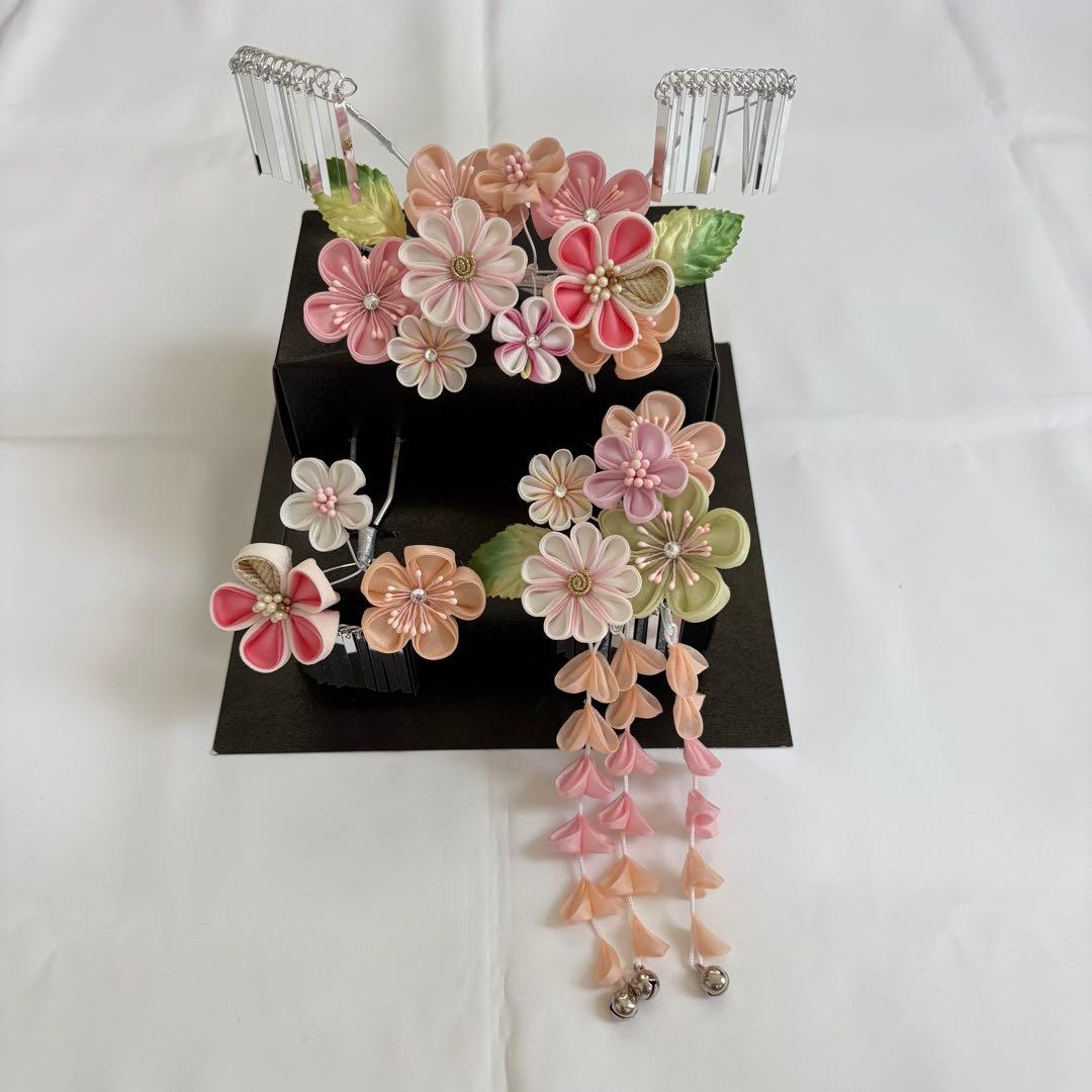 七五三 髪飾り 勝山かんざし 桜色 緑 7歳 つまみ細工