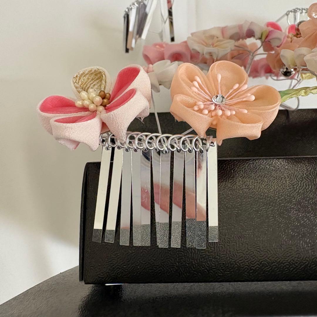 七五三 髪飾り 勝山かんざし 桜色 緑 7歳 つまみ細工