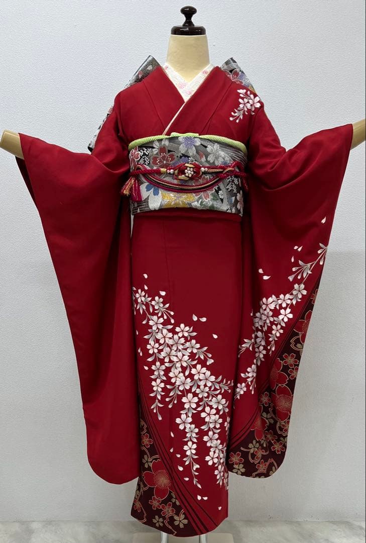 振り袖　フルセット　長襦袢　金彩加工　成人式　赤　桜　結婚式　ガード加工　765