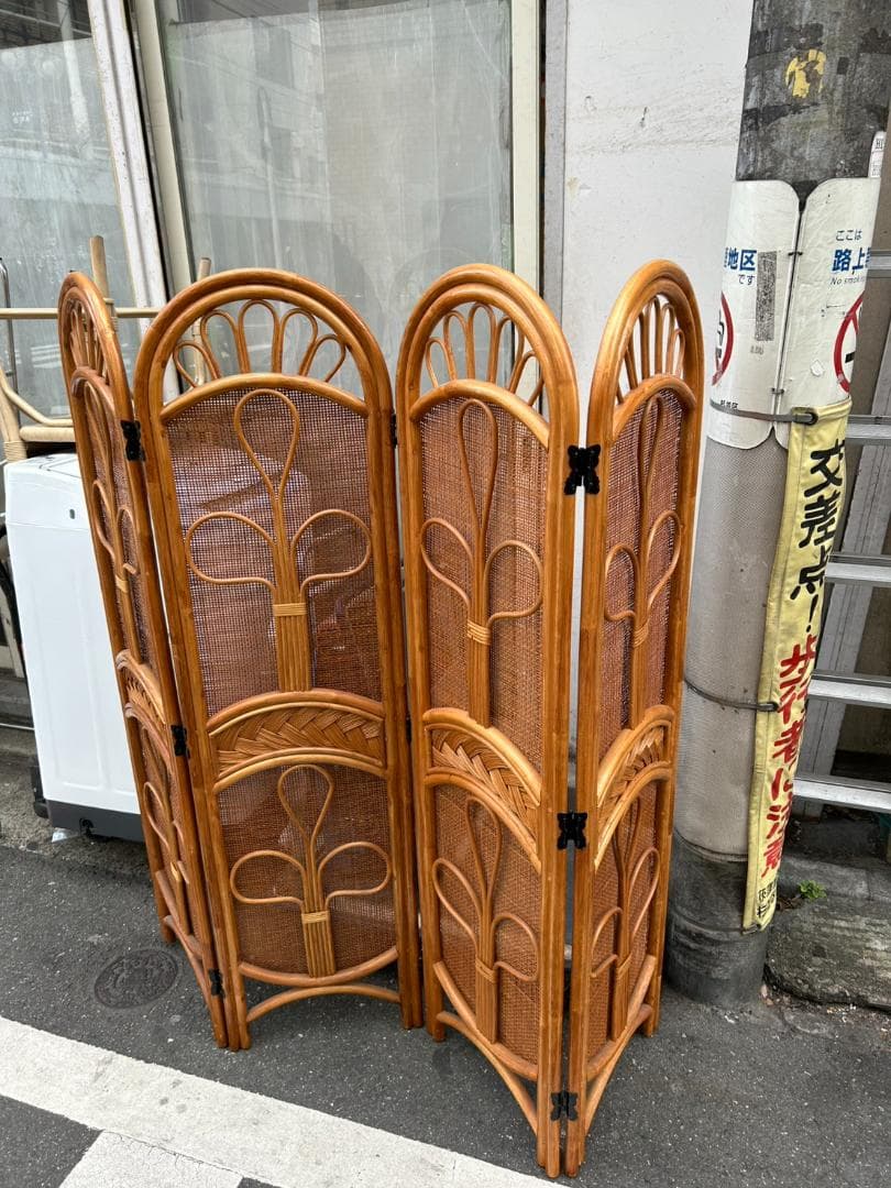 ◎ラタンパーテーション 4連 木製 アーチ型 昭和レトロ ウッドラタン 150