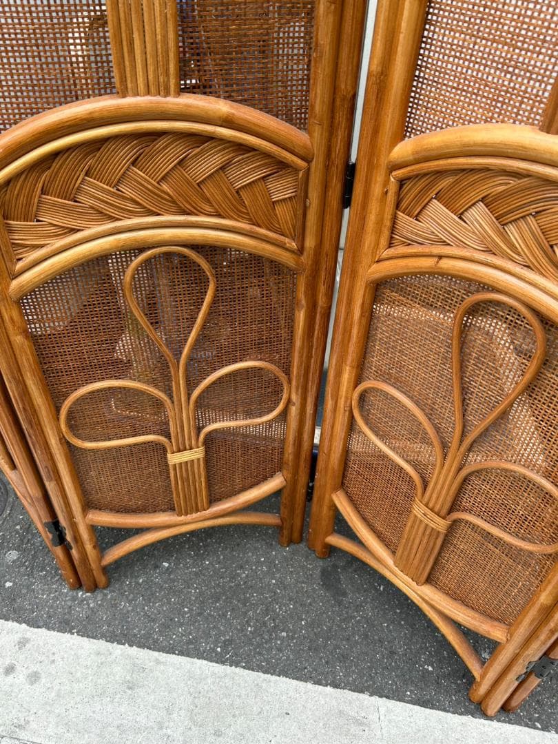 ◎ラタンパーテーション 4連 木製 アーチ型 昭和レトロ ウッドラタン 150