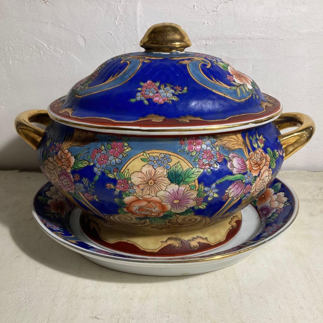 景徳鎮 乾隆年製 中国 大型 蓋付き碗 シチュー器 金彩 色絵磁器 古食器