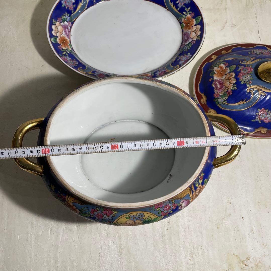 景徳鎮 乾隆年製 中国 大型 蓋付き碗 シチュー器 金彩 色絵磁器 古食器