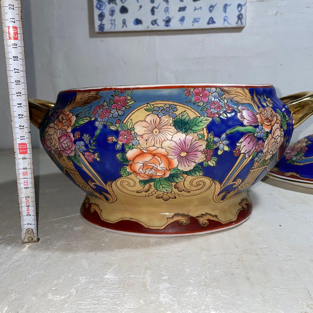 景徳鎮 乾隆年製 中国 大型 蓋付き碗 シチュー器 金彩 色絵磁器 古食器