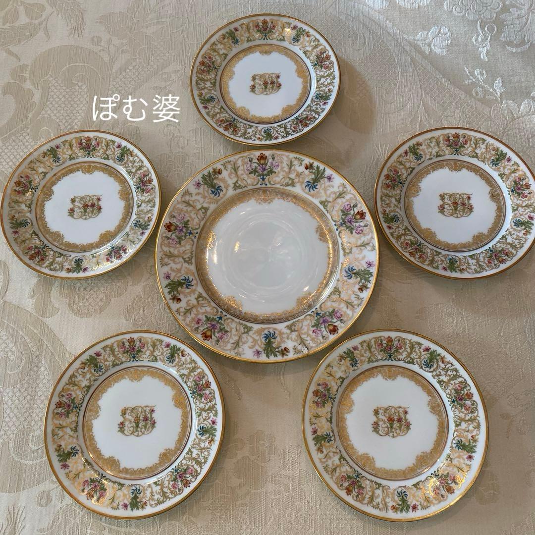 【アレンフェルト／リモージュ】花と金彩 手描き／パン皿 ティープレート ５枚