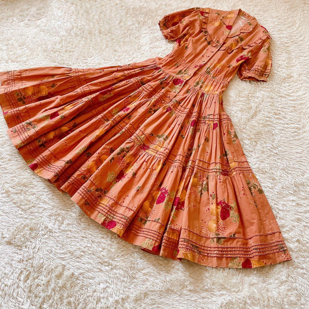 カネコイサオ ヴィンテージ 花柄 総柄 フルーツ ロングワンピ サーモンピンク