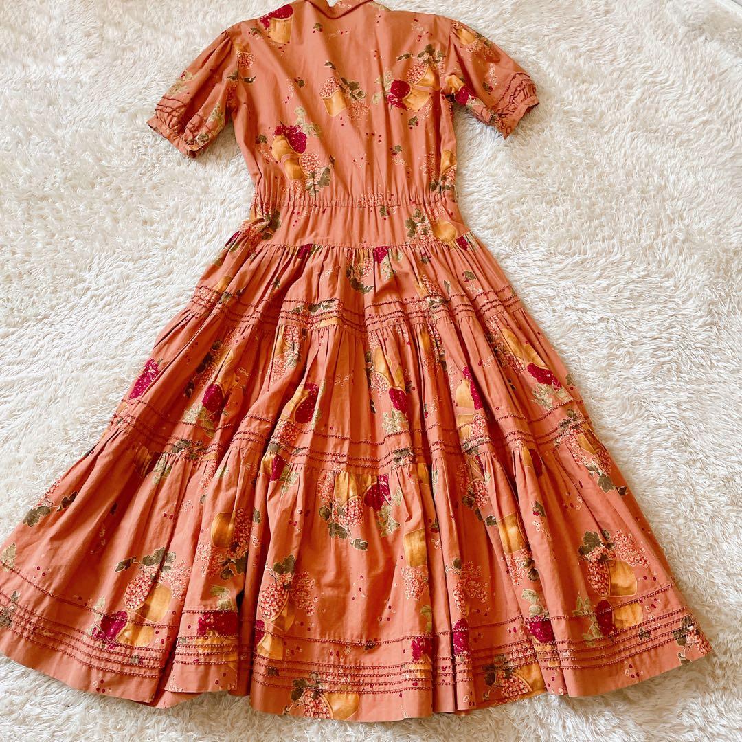カネコイサオ ヴィンテージ 花柄 総柄 フルーツ ロングワンピ サーモンピンク