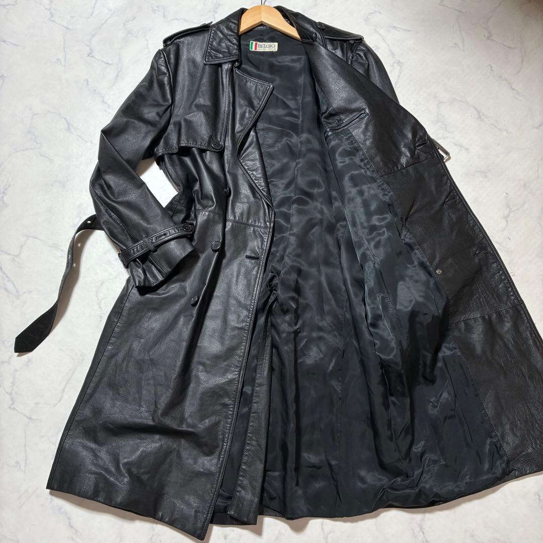 美品✨VINTAGE レザー トレンチコート ロング ダブル ベルト 黒 L位