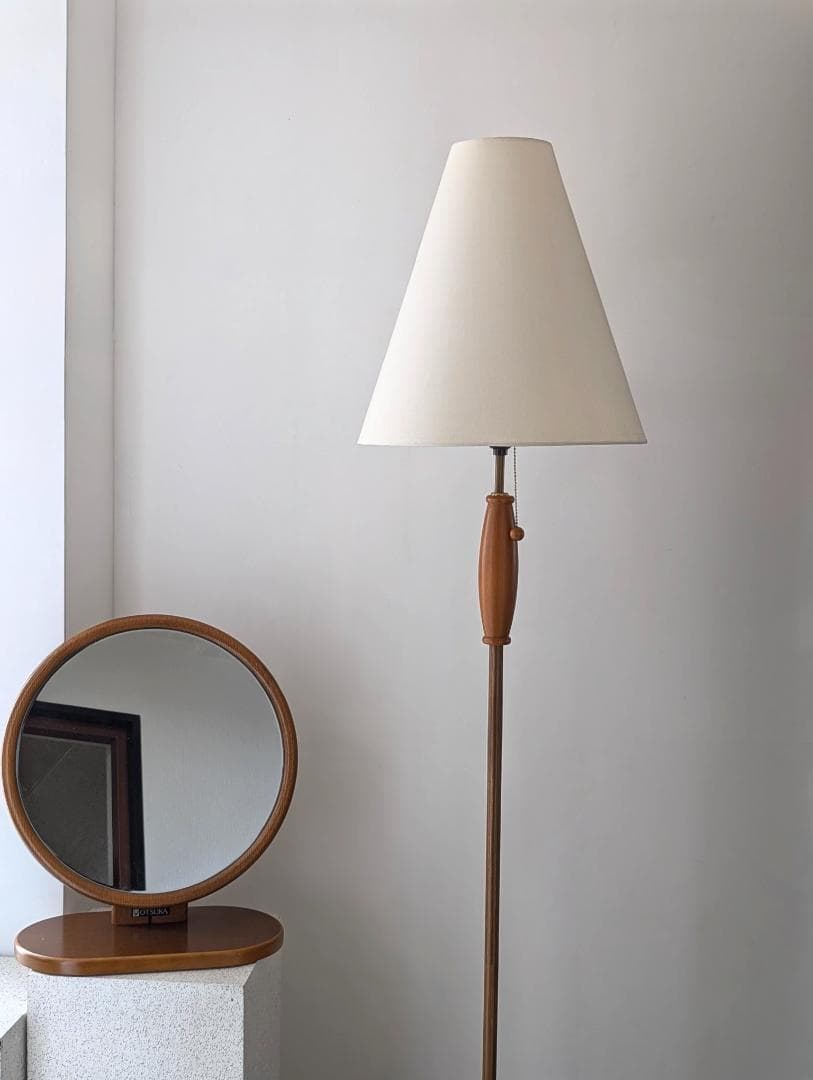 90年代 ビンテージ ファブリックシェード×ウッド スタンド フロアライト 美品