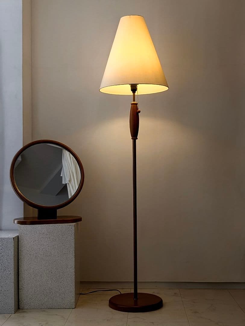 90年代 ビンテージ ファブリックシェード×ウッド スタンド フロアライト 美品