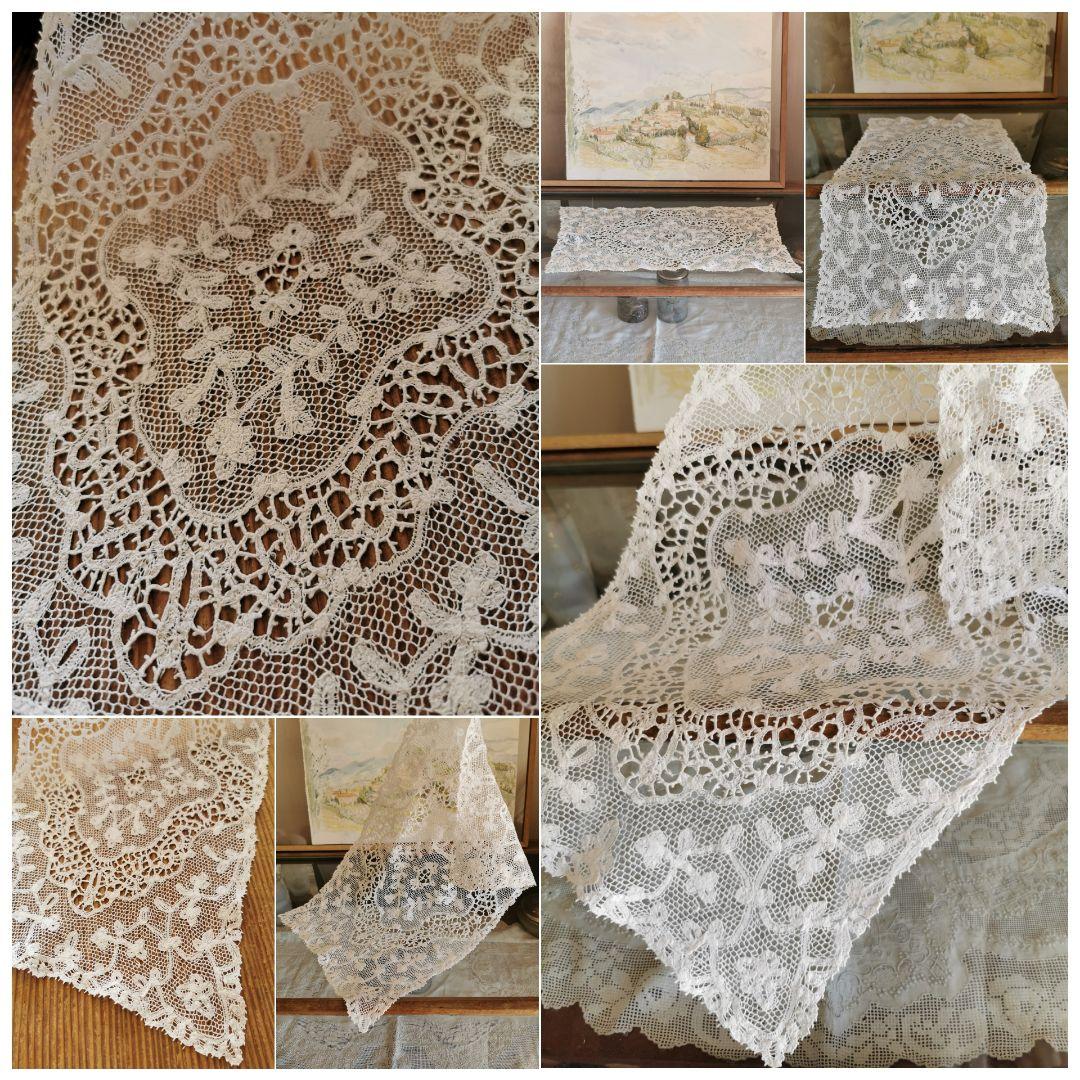アンティークイタリア 美しい草花紋ミラネーゼ テープ＆ボビンレース 刺繍ランナー