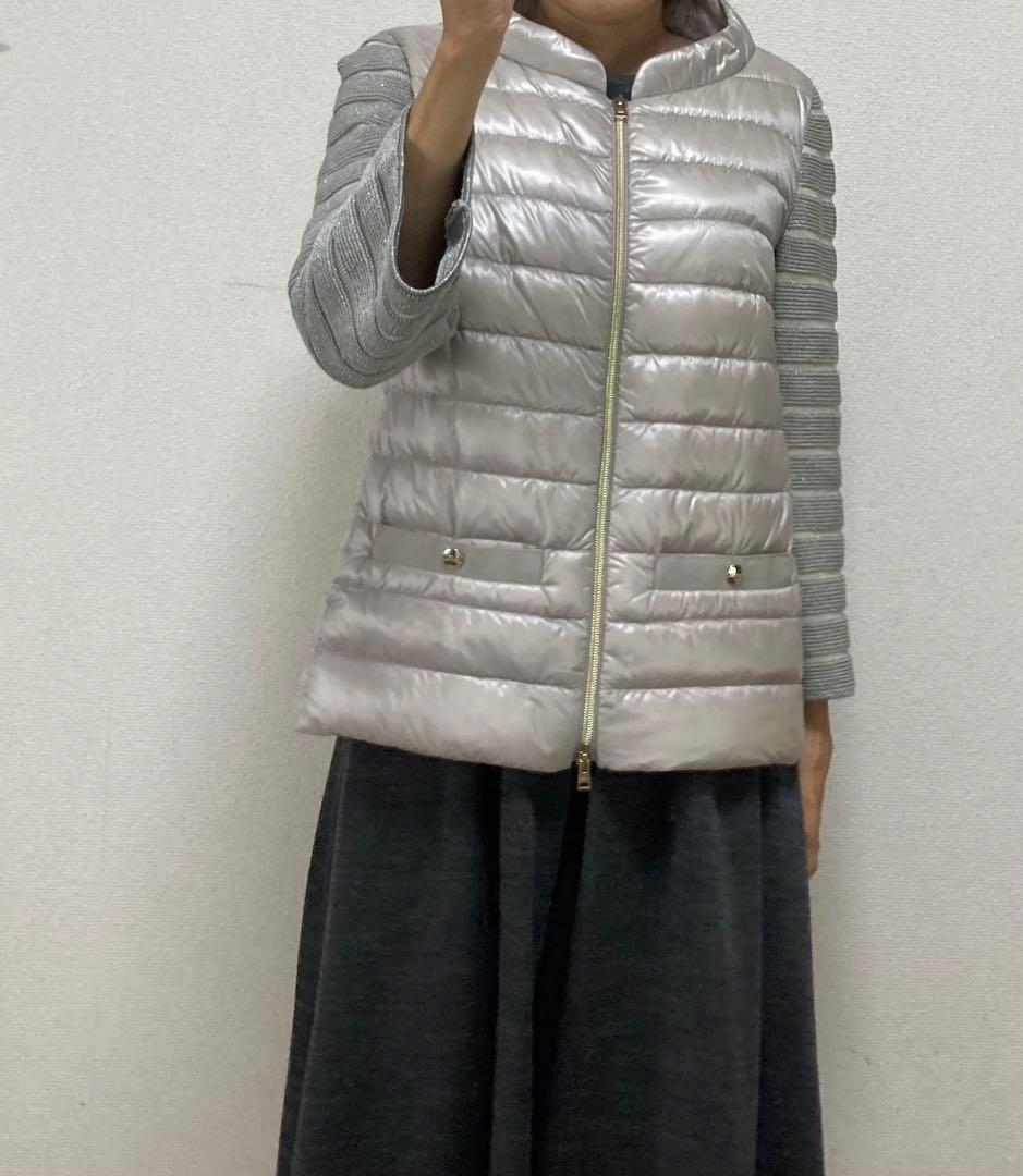 希少　ヘルノ　HERNO ショートダウン　40 グレー　ロゴ付　袖ニット　超軽量