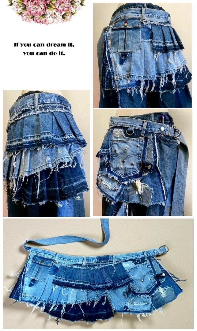 年末セール！デニムリメイク☆フレアパンツxプリーツ巻きスカート☆セットアップ