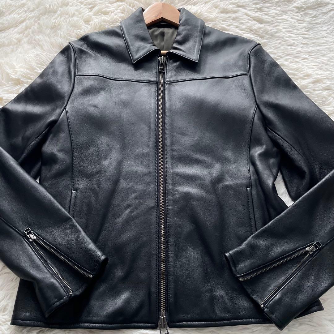 極美品✨コムサイズム　ライダースジャケット　ダブルジップ　羊革　黒
