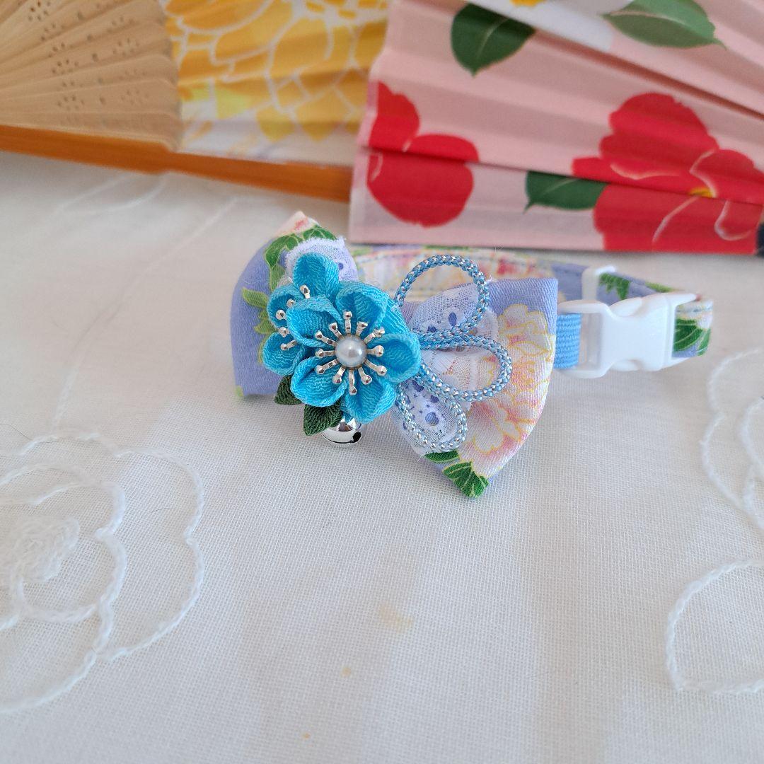 シングルリボン、和風つまみ細工(水色)わんちゃん猫ちゃん用首輪