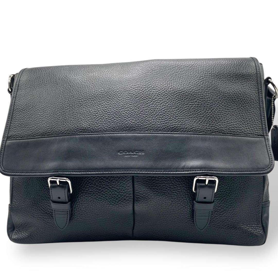 美品 COACH コーチ☆シボ革 ロゴ型押しショルダーバッグ レザー ブラック