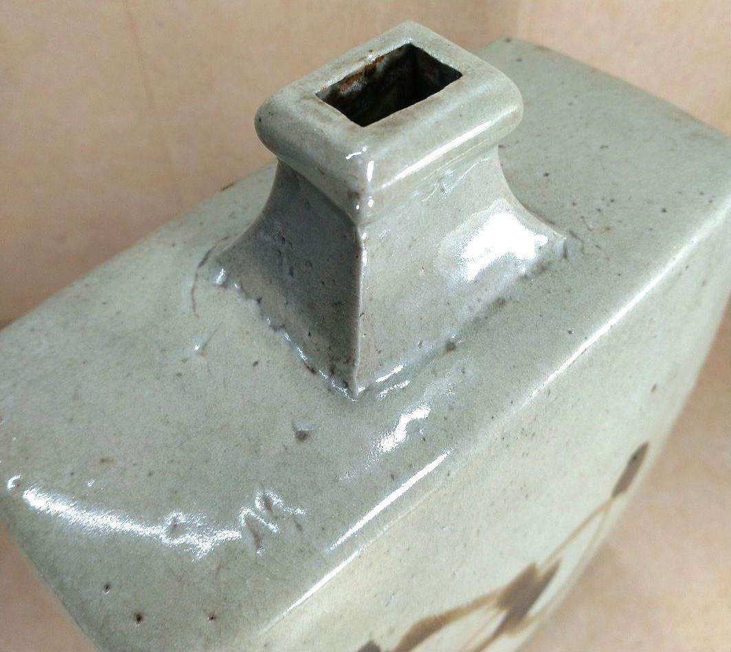 濱田庄司(浜田庄司) 白釉鐵絵扁壷 共箱 人間国宝 益子焼 美品 黍花文 花文