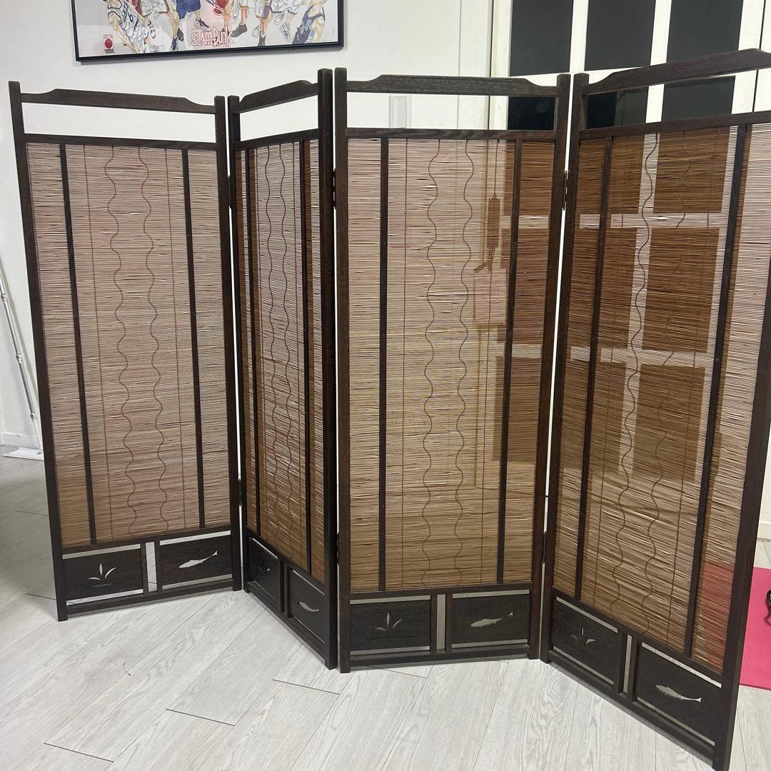 和風　レトロ　衝立　間仕切り パーテーション 4連 透かし彫り 蔵出