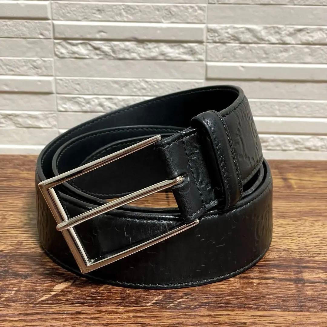 グッチ GG バックル ベルト シマ レザー 黒 シルバー グッチシマ.