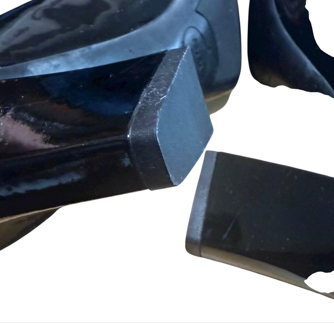 極美品PRADA プラダ エナメル ロゴプレート スクエアトゥ ヒールパンプス