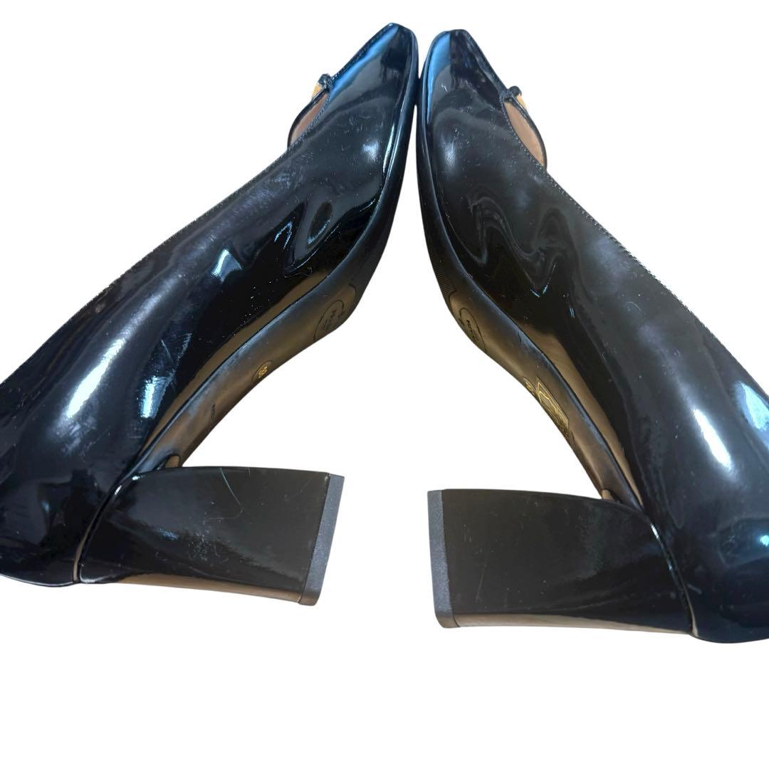 極美品PRADA プラダ エナメル ロゴプレート スクエアトゥ ヒールパンプス