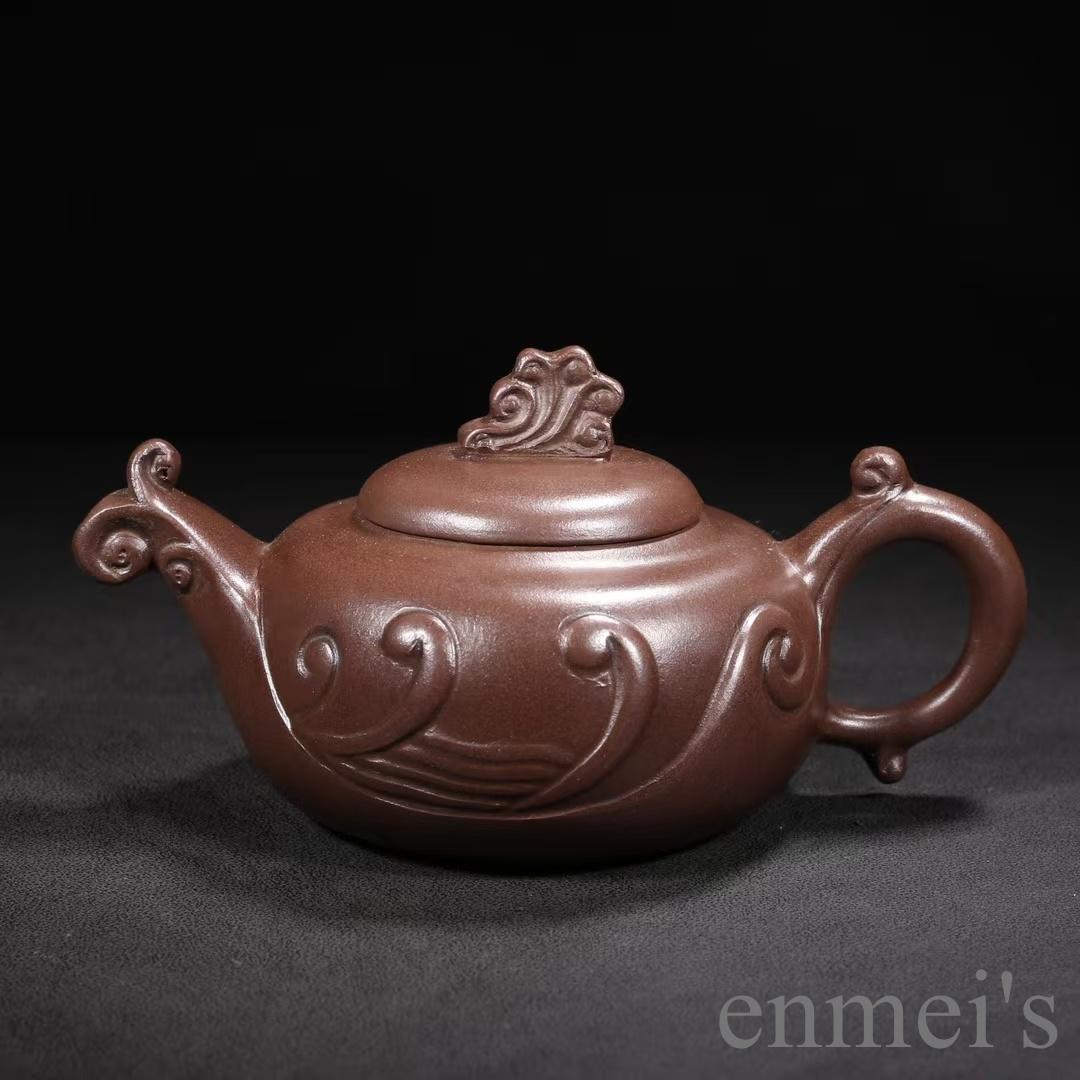 中国古美術 中国宜興 紫砂壺 如意壺 底款汪寅仙 原鉱紫泥 急須 茶壺 煎茶道具