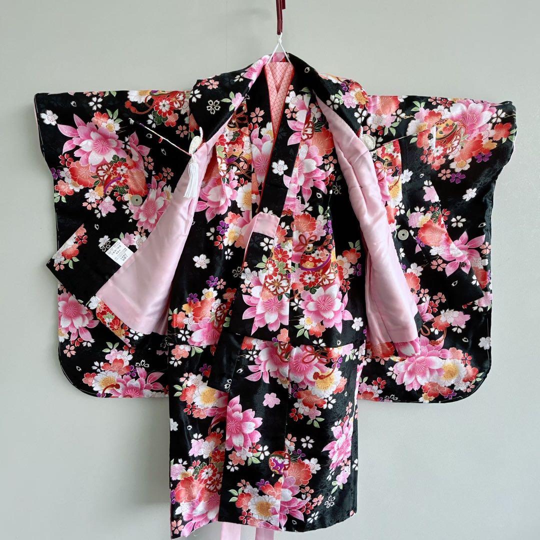 セット　七五三　３歳女の子　長着＆被布＆長襦袢＆小物　黒地　桜　地紋　うさぎ