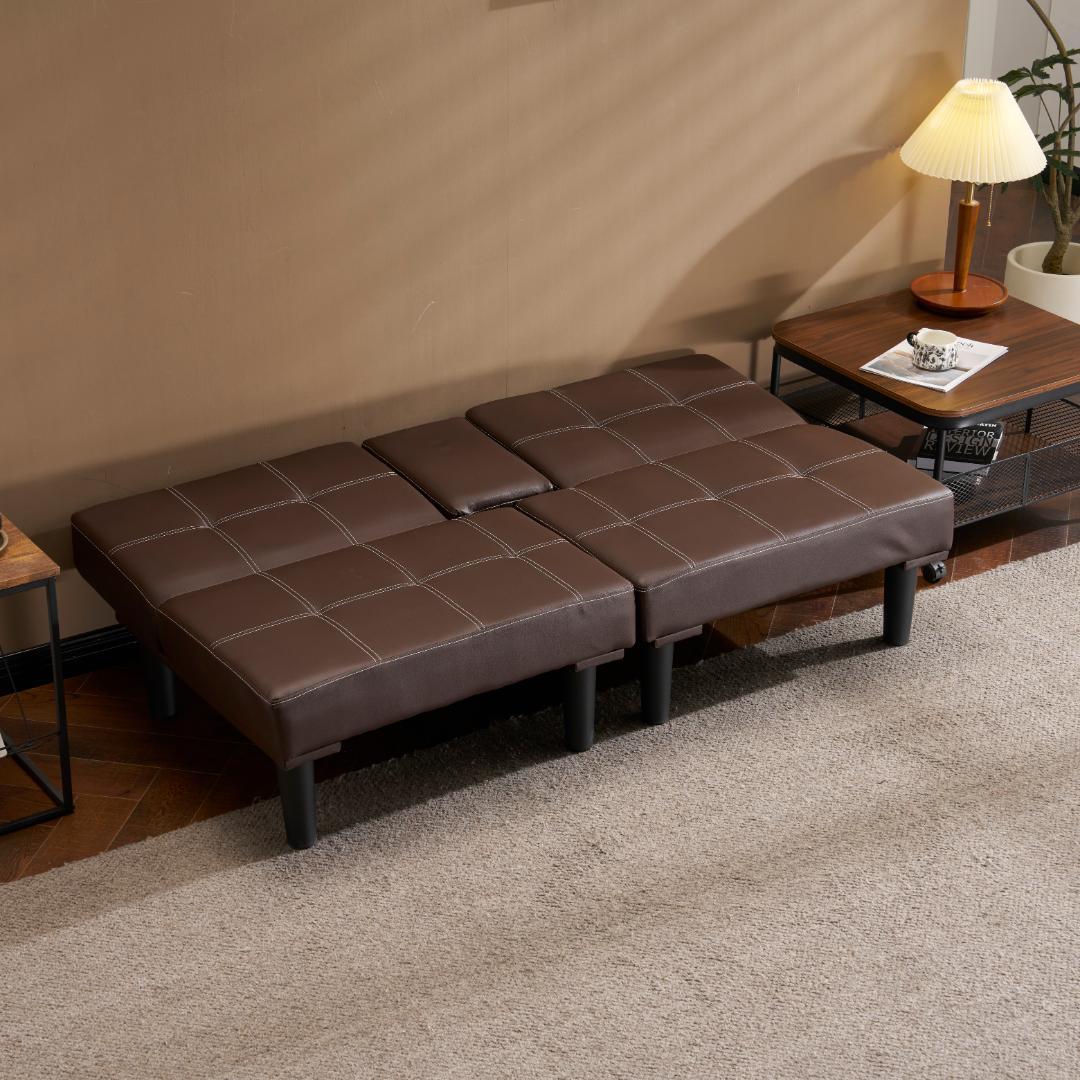 ソファベッド ソファ ベッド カップホルダー付き2人PU背もたれ3段階 ブラウン