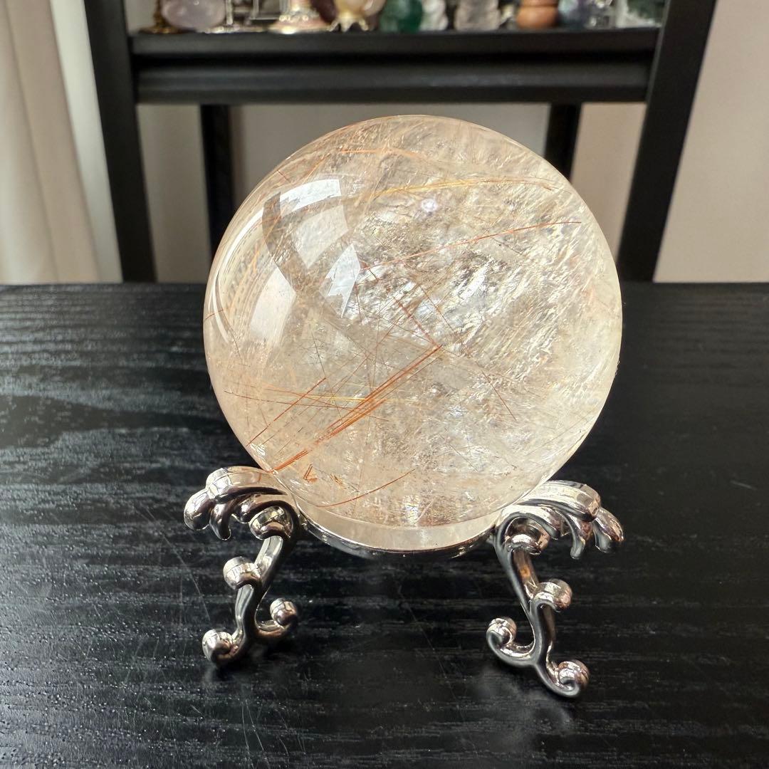 天然石ルチルクォーツのスフィア　丸玉　置物NO.011406