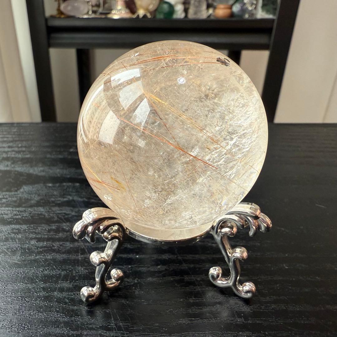 天然石ルチルクォーツのスフィア　丸玉　置物NO.011406