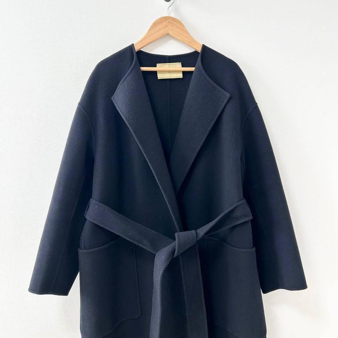 UNITED ARROWS ダブルフェイスノーカラーコート　ネイビー　38