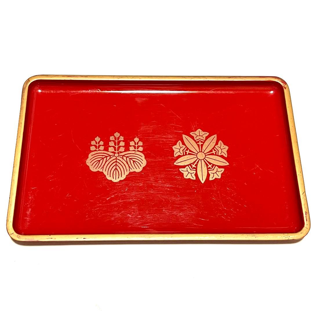 ■両山紋・茶菓盆■曹洞宗・久我竜胆・五七桐・角盆・トレー・漆器・朱色・慶事・茶道