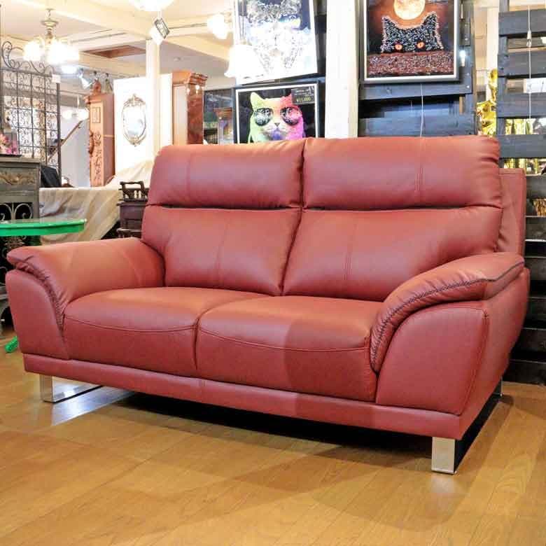 モダンデザイン 本革・ハイバック2.5人掛けソファ（ワインレッド）