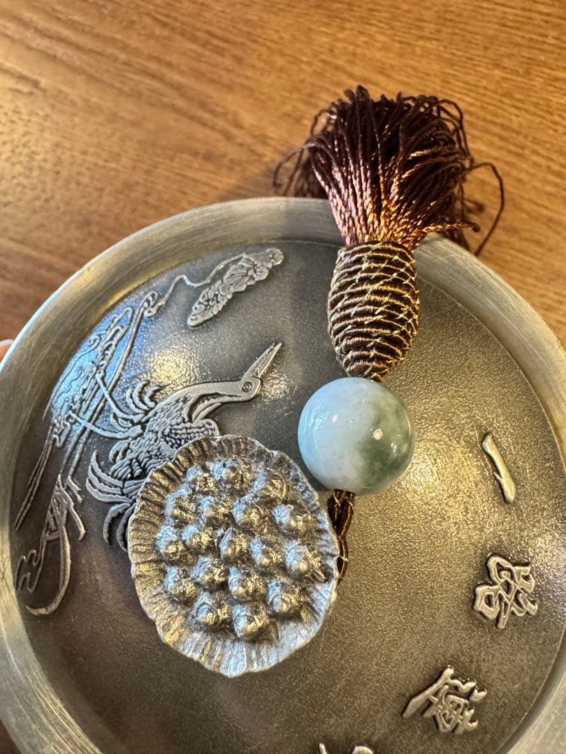 鶴彫刻の純錫製製茶釜