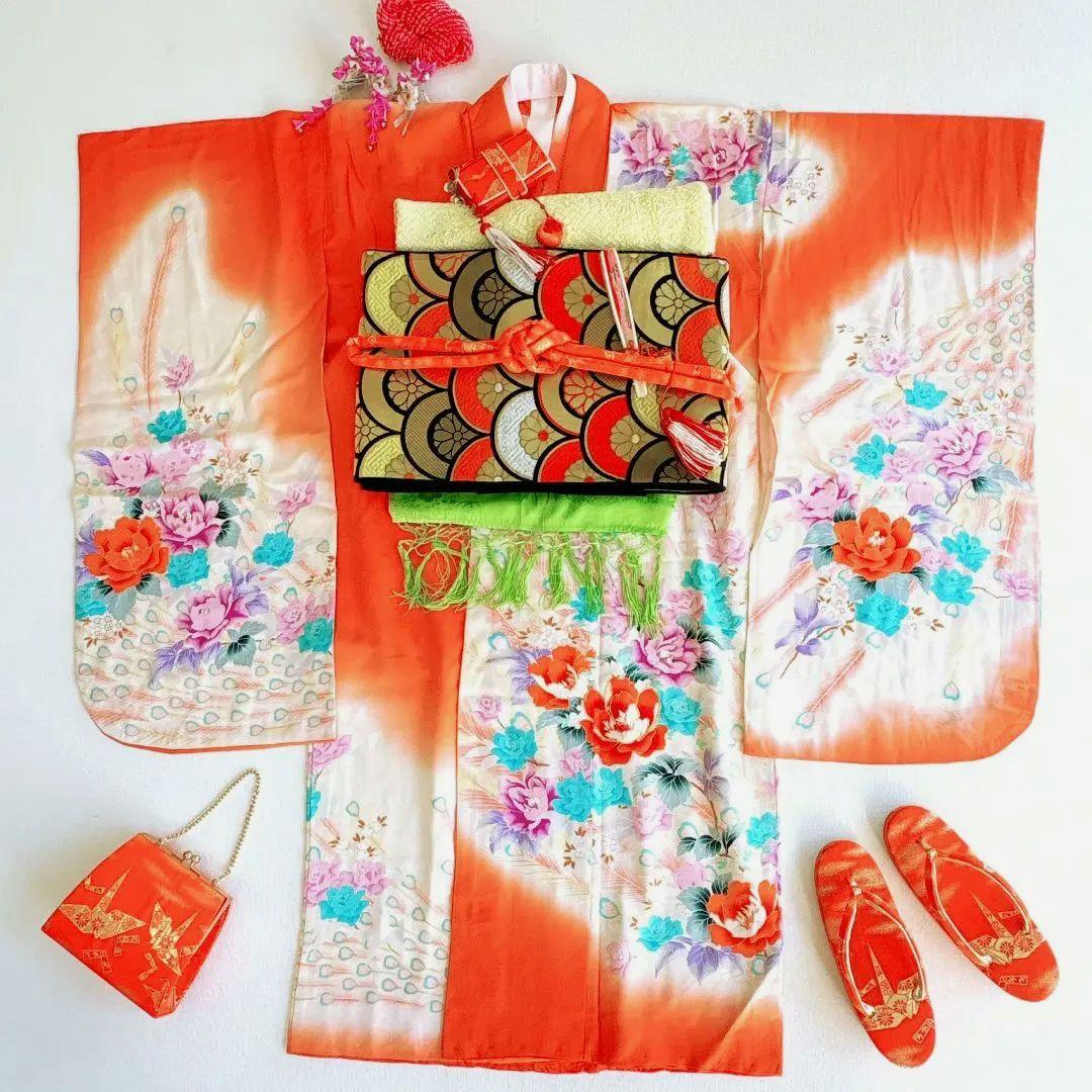 セット　七五三７歳女の子　簡単半衿　オレンジ地　52328