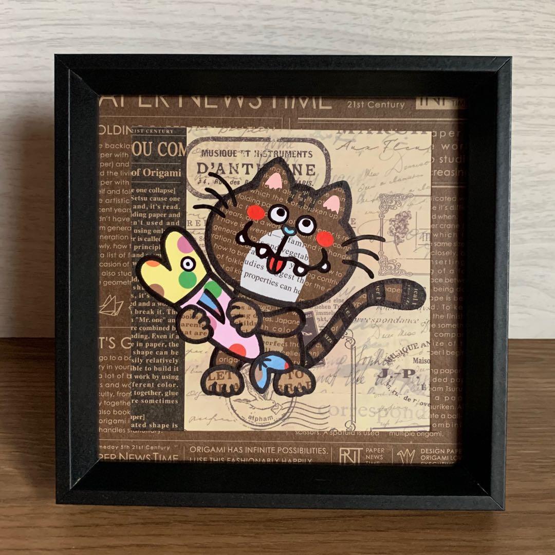 【原画作品】★貼り絵★お魚大好き猫ちゃん