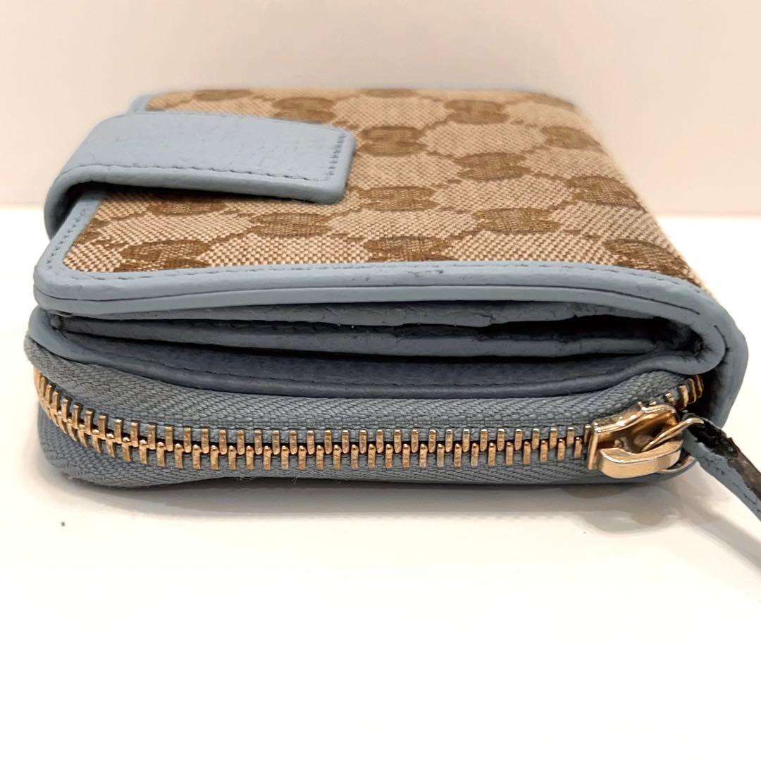 グッチ 折り財布 GGキャンバス GG ラウンドファスナー コンパクト 水色