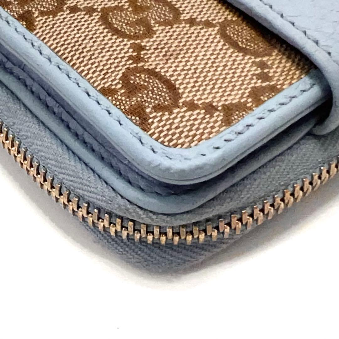 グッチ 折り財布 GGキャンバス GG ラウンドファスナー コンパクト 水色