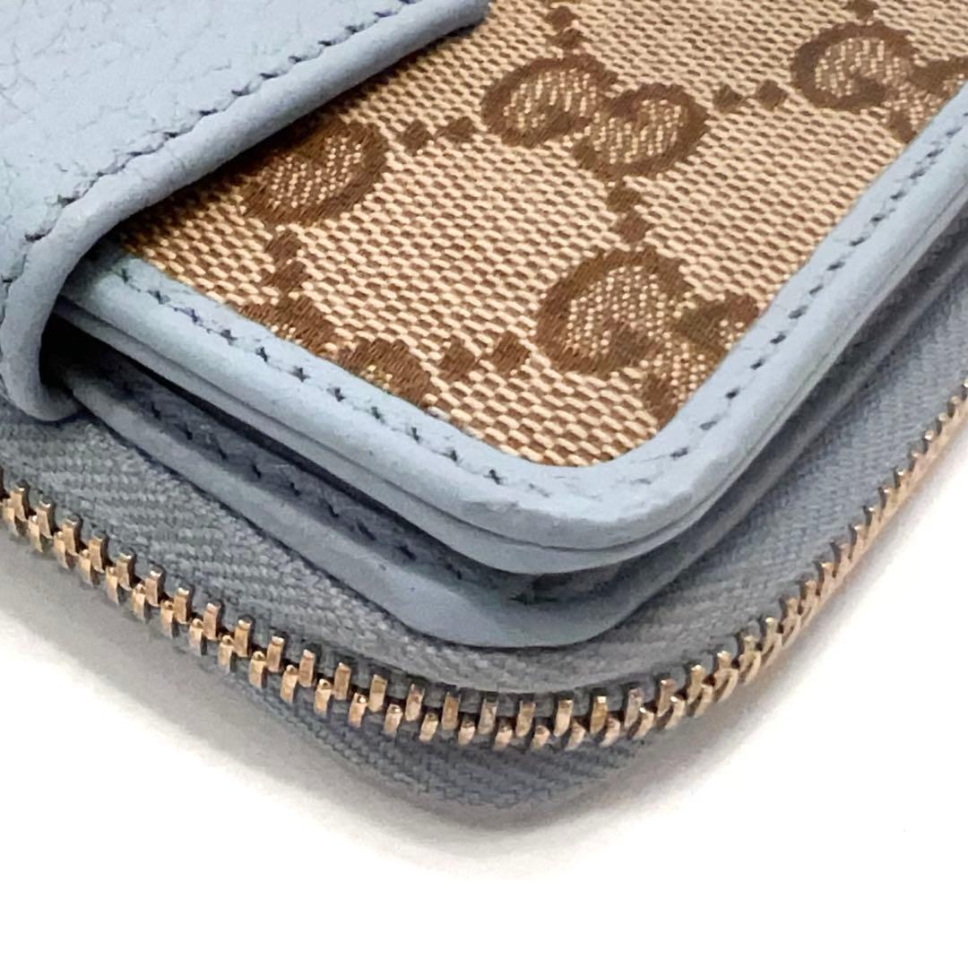 グッチ 折り財布 GGキャンバス GG ラウンドファスナー コンパクト 水色