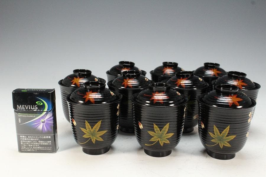 塗師 表次造 色絵雲錦 黒小吸物椀 十客 共箱 美品(K-XA874)