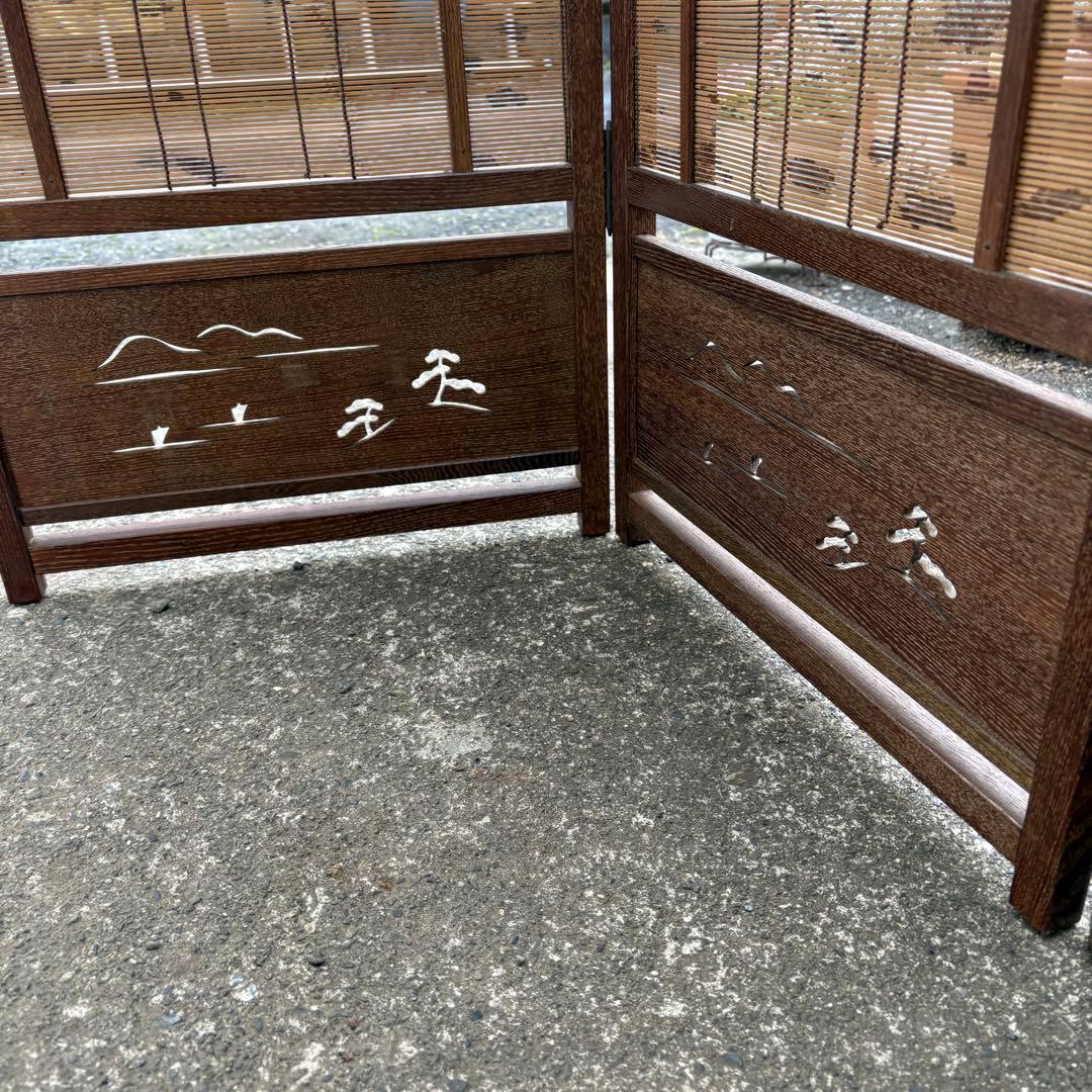 良品　和風 衝立 間仕切り 4連屏風 天然木 透かし彫り 簾屏風 折りたたみ
