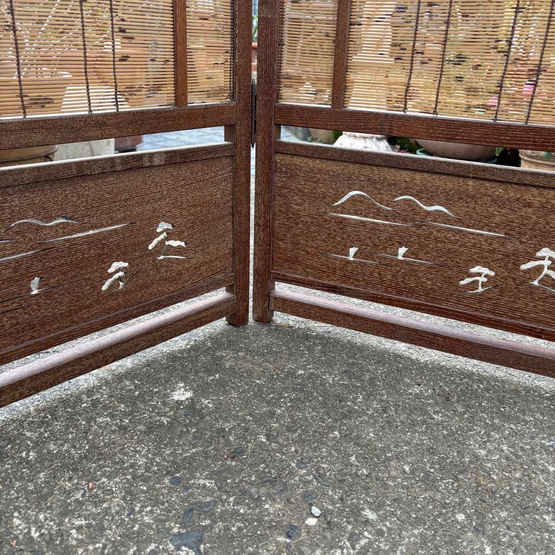 良品　和風 衝立 間仕切り 4連屏風 天然木 透かし彫り 簾屏風 折りたたみ