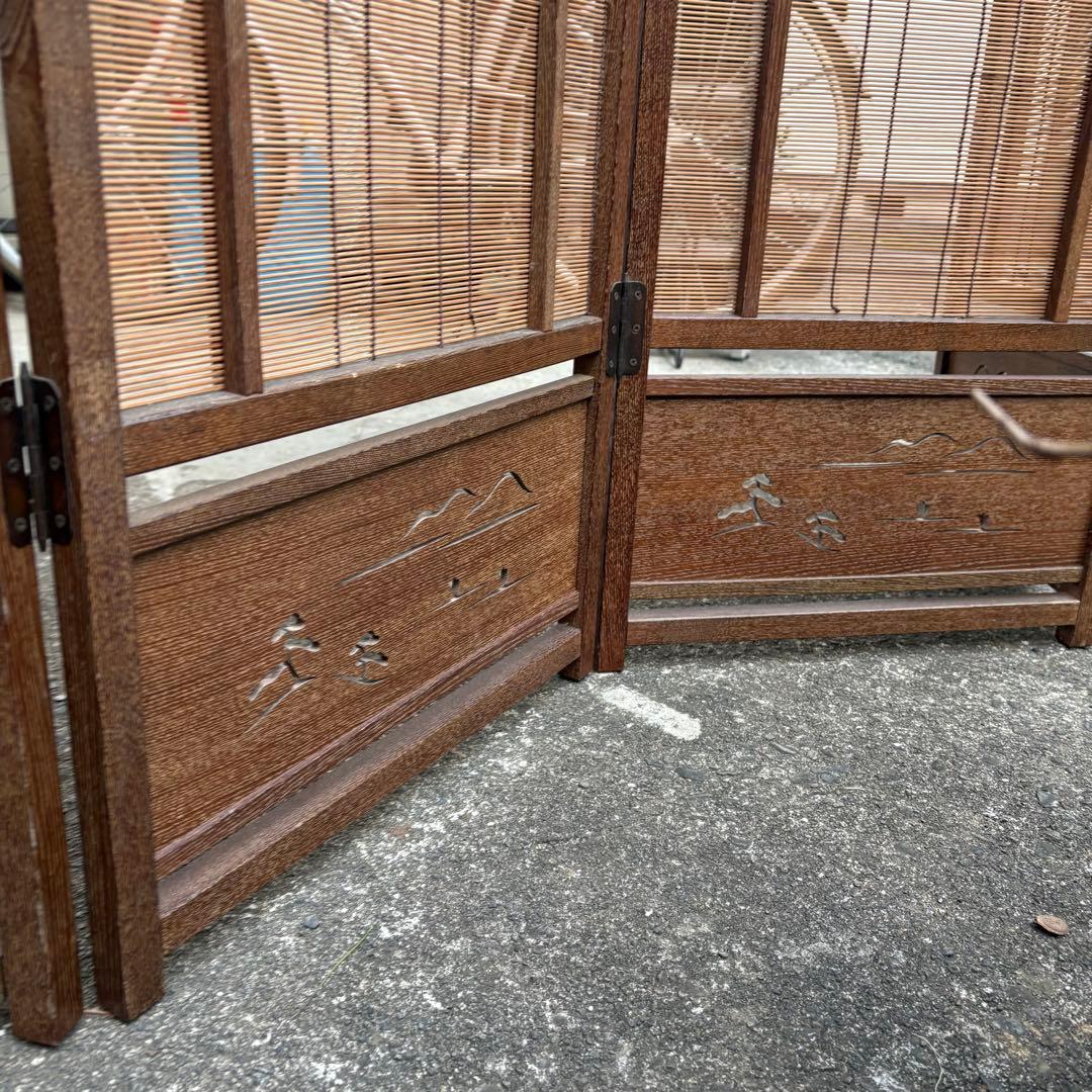 良品　和風 衝立 間仕切り 4連屏風 天然木 透かし彫り 簾屏風 折りたたみ