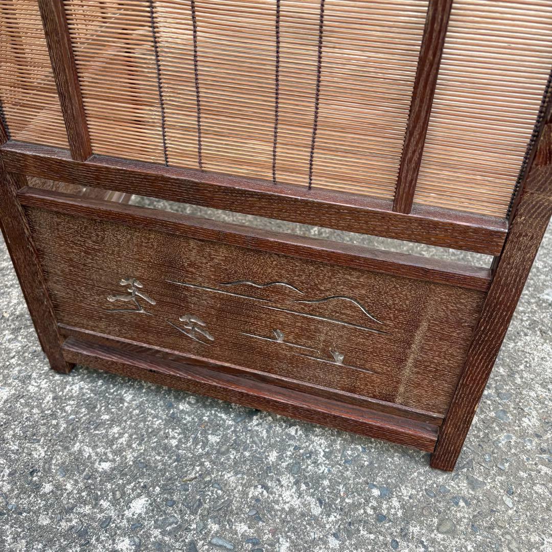 良品　和風 衝立 間仕切り 4連屏風 天然木 透かし彫り 簾屏風 折りたたみ