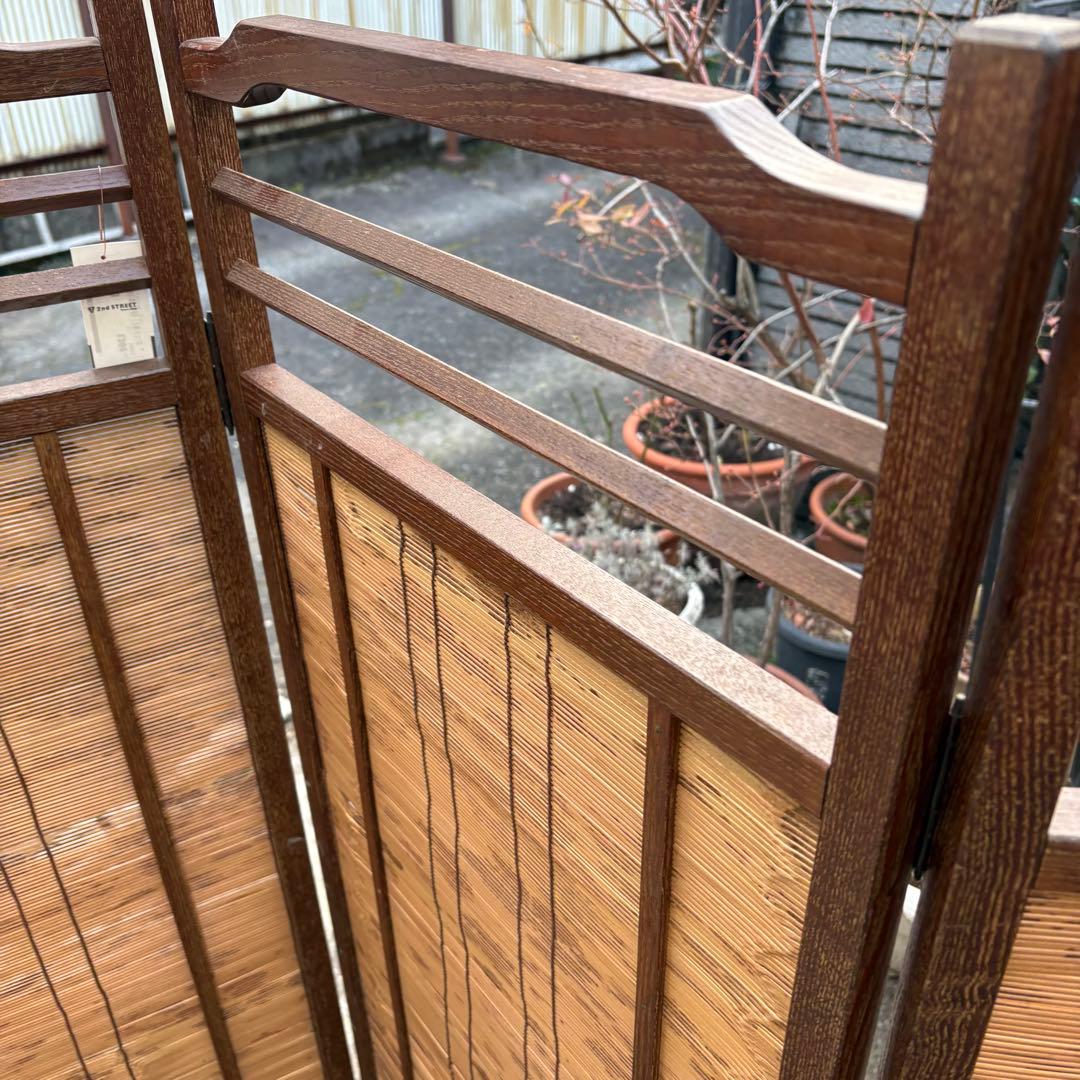 良品　和風 衝立 間仕切り 4連屏風 天然木 透かし彫り 簾屏風 折りたたみ