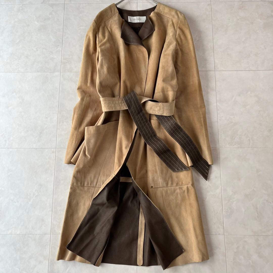 美品 DES PRES ゴートレザーロングコート レディース36 ベージュ
