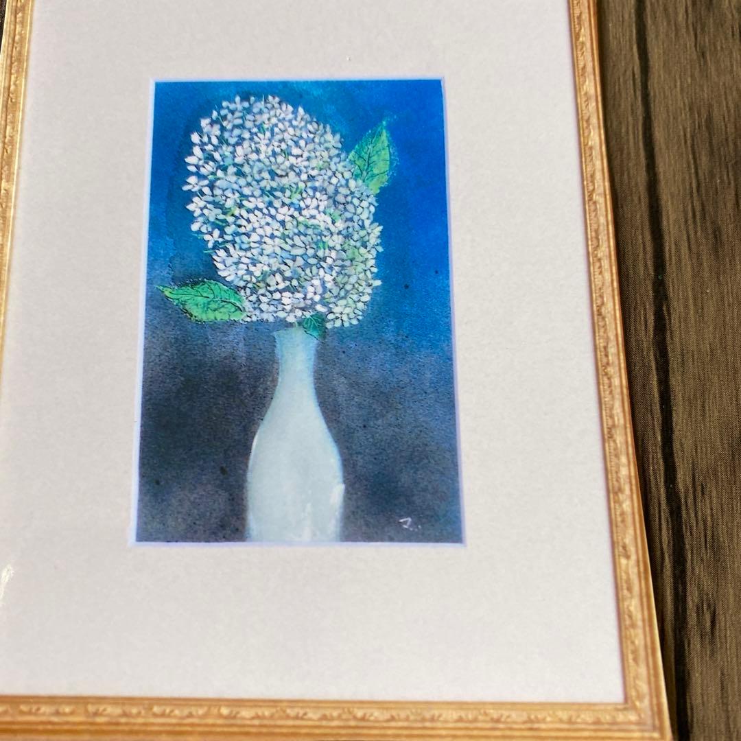 絵画　水彩画　P3号「アジサイ」菊地正則　額付き　美品　サイン入り　静物画　原画