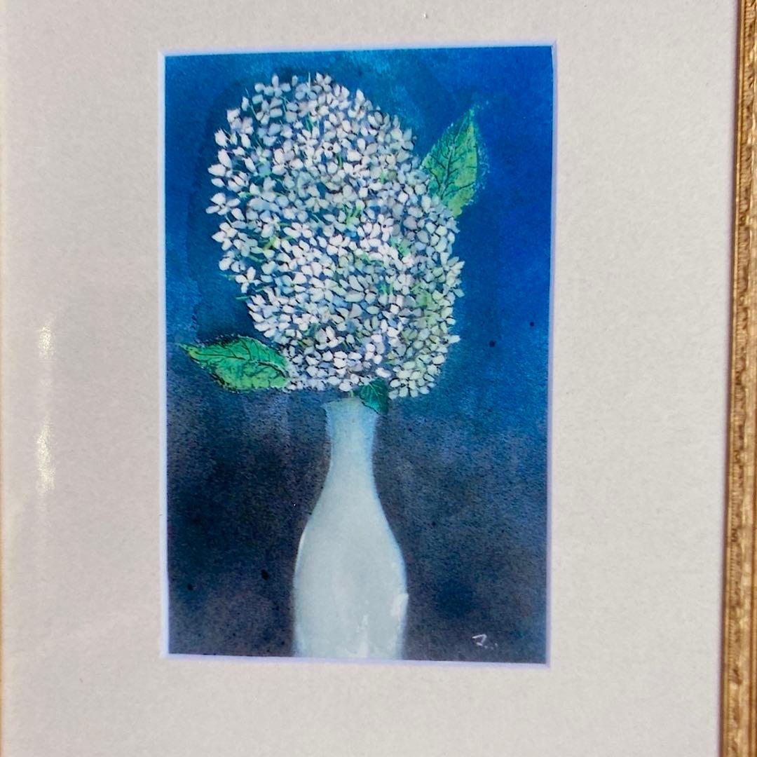 絵画　水彩画　P3号「アジサイ」菊地正則　額付き　美品　サイン入り　静物画　原画