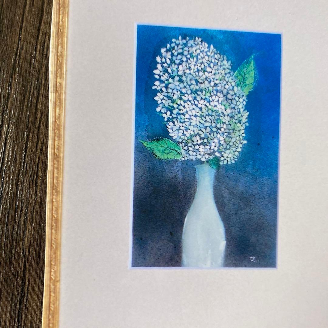絵画　水彩画　P3号「アジサイ」菊地正則　額付き　美品　サイン入り　静物画　原画